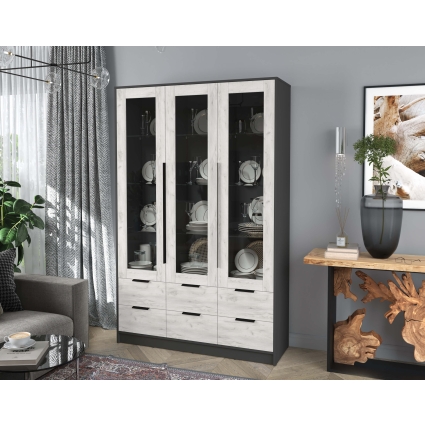 Шкаф с витриной КТ-ШВ3 (Антрацит ЛДСП/ Дуб белый ЛДСП) Ш1360 В2128 Г451