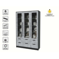 Шкаф с витриной КТ-ШВ3 с подсветкой (Антрацит ЛДСП/ Бетон ЛДСП) Ш1360 В2128 Г451