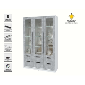 Шкаф с витриной КТ-ШВ3 с подсветкой (Белый ЛДСП/ Бетон ЛДСП) Ш1360 В2128 Г451 Шкаф с витриной КТ-ШВ3 с подсветкой (Белый ЛДСП/ Бетон ЛДСП) Ш1360 В2128 Г451