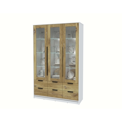 Шкаф с витриной КТ-ШВ3 с подсветкой (Белый ЛДСП/ Дуб нокс ЛДСП) Ш1360 В2128 Г451