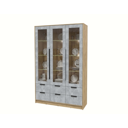 Шкаф с витриной КТ-ШВ3 с подсветкой (Дуб золотой ЛДСП/ Бетон ЛДСП) Ш1360 В2128 Г451