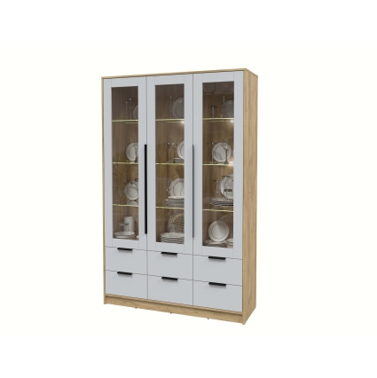 Шкаф с витриной КТ-ШВ3 с подсветкой (Дуб золотой ЛДСП/ Серый ЛДСП) Ш1360 В2128 Г451