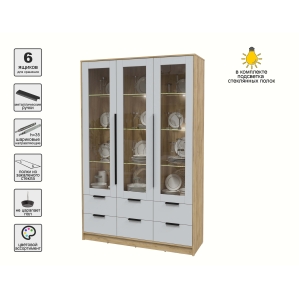 Шкаф с витриной КТ-ШВ3 с подсветкой (Дуб золотой ЛДСП/ Серый ЛДСП) Ш1360 В2128 Г..